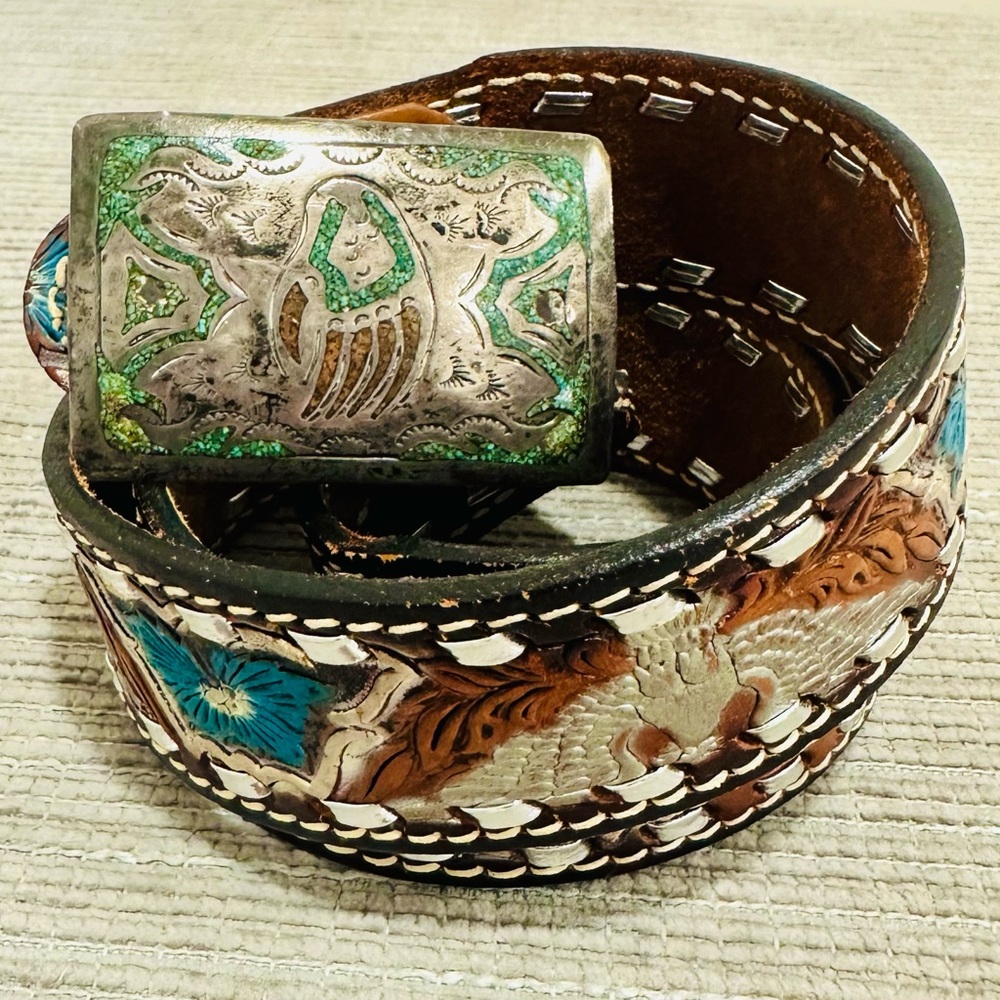 Navajo Sterling Silver Bear Paw Belt Buckle Raymond Begay B Chip Inlay w/ Belt‎